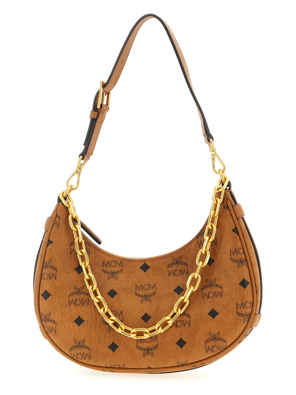MCM Small Aren Crescent Hobo Bag in Visetos Cognac