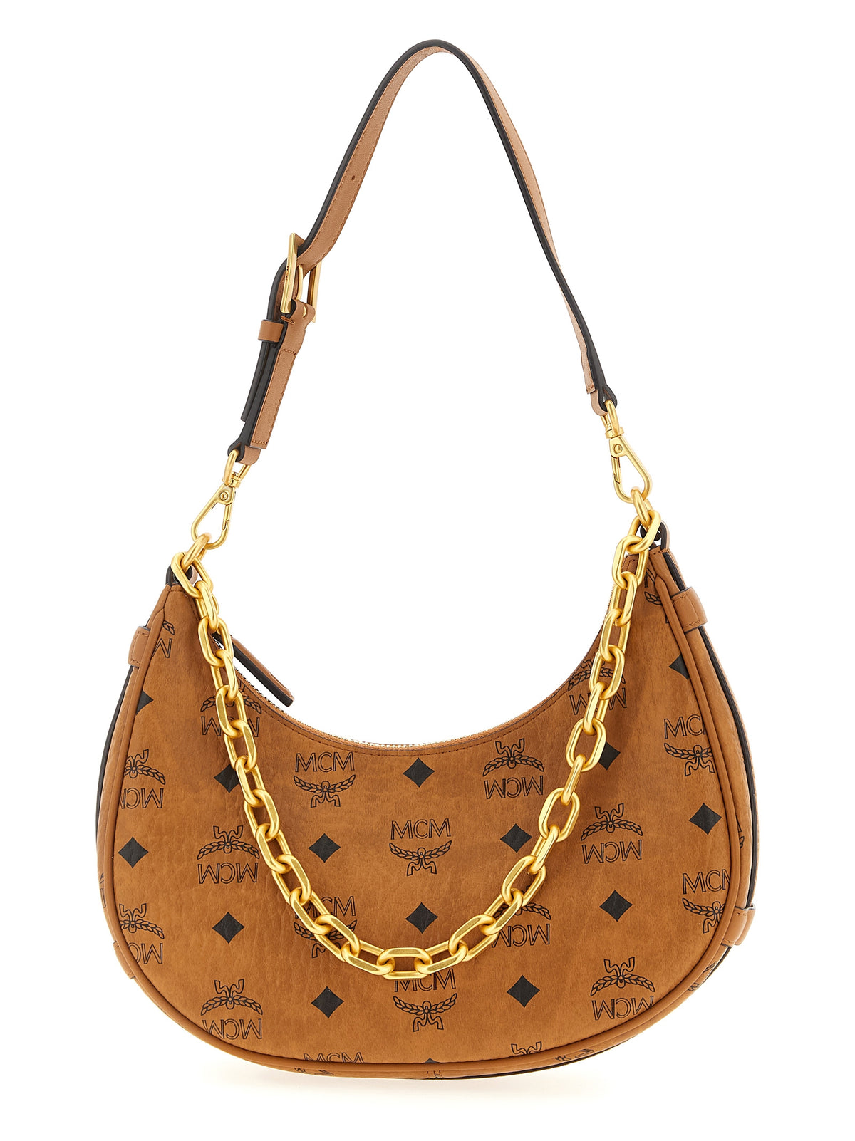 MCM Small Aren Crescent Hobo Bag in Visetos Cognac