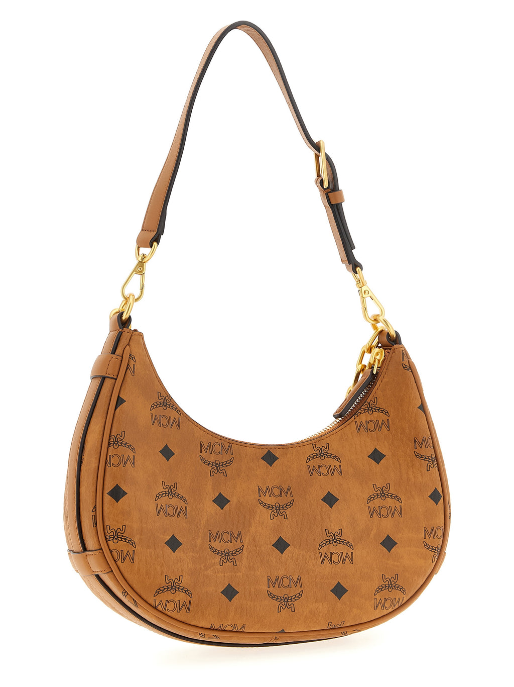 MCM Small Aren Crescent Hobo Bag in Visetos Cognac