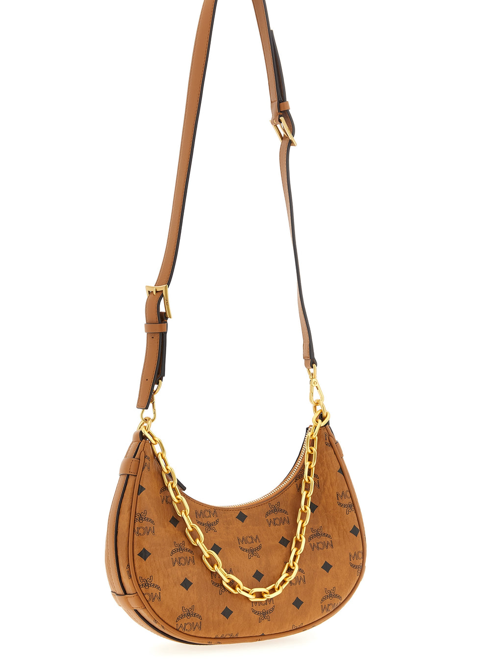 MCM Small Aren Crescent Hobo Bag in Visetos Cognac