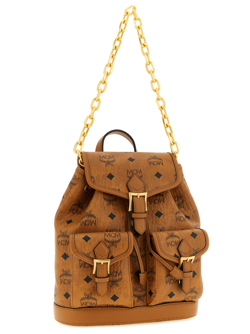 MCM Mini Aren Drawstring Backpack in Visetos Cognac