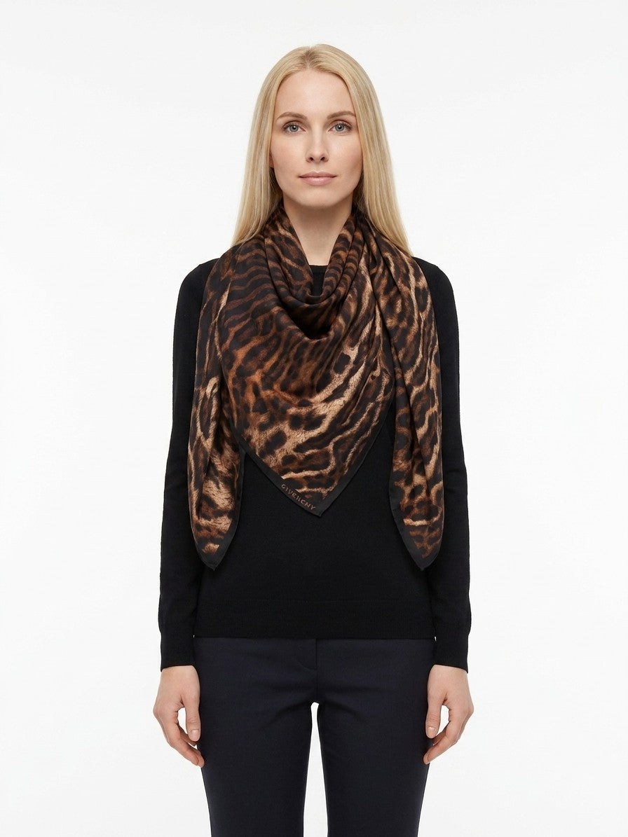 Givenchy Leopard Print Silk Square Scarf Brown
