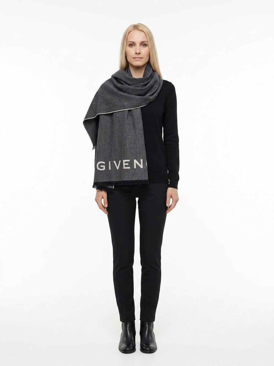 Givenchy Logo Jacquard Wool & Silk Scarf Grey