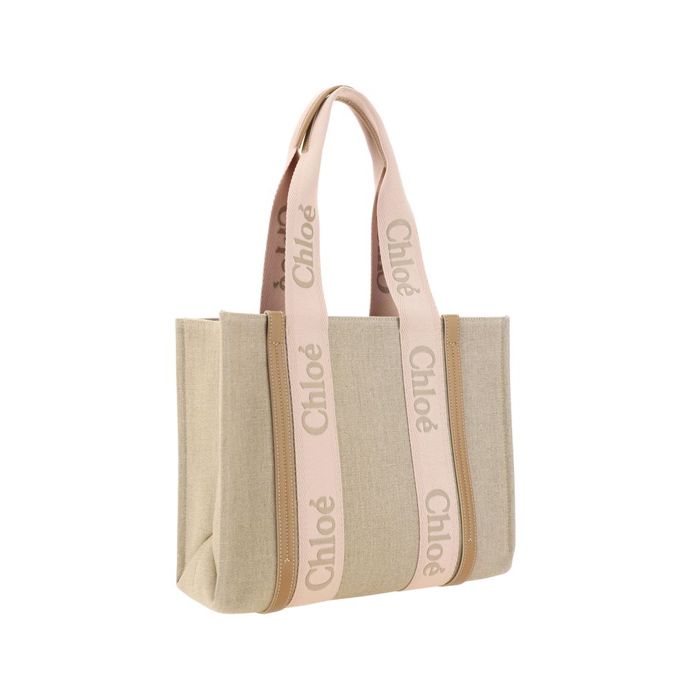 Chloé Medium Woody Blushy Beige Linen Tote Bag
