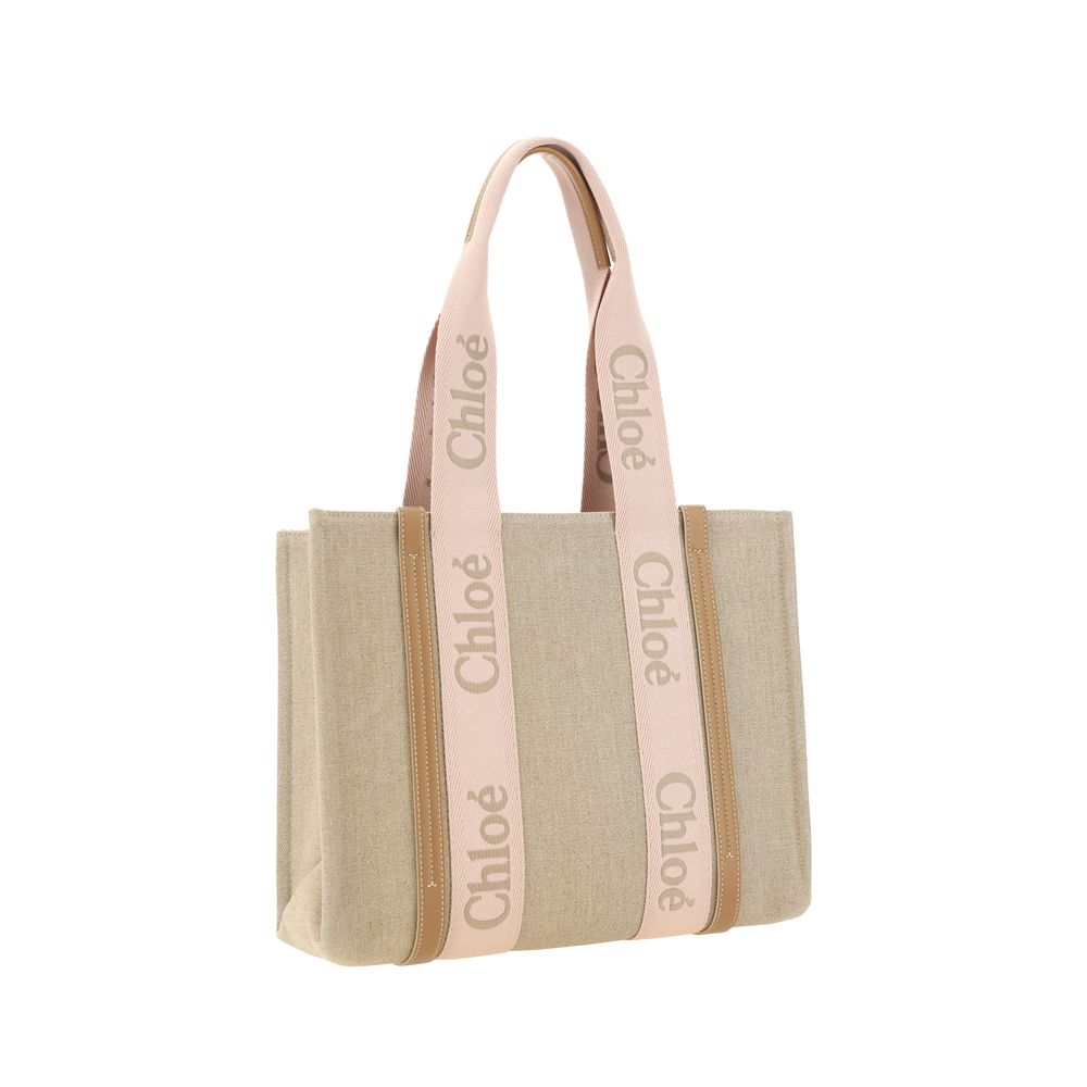 Chloé Medium Woody Blushy Beige Linen Tote Bag