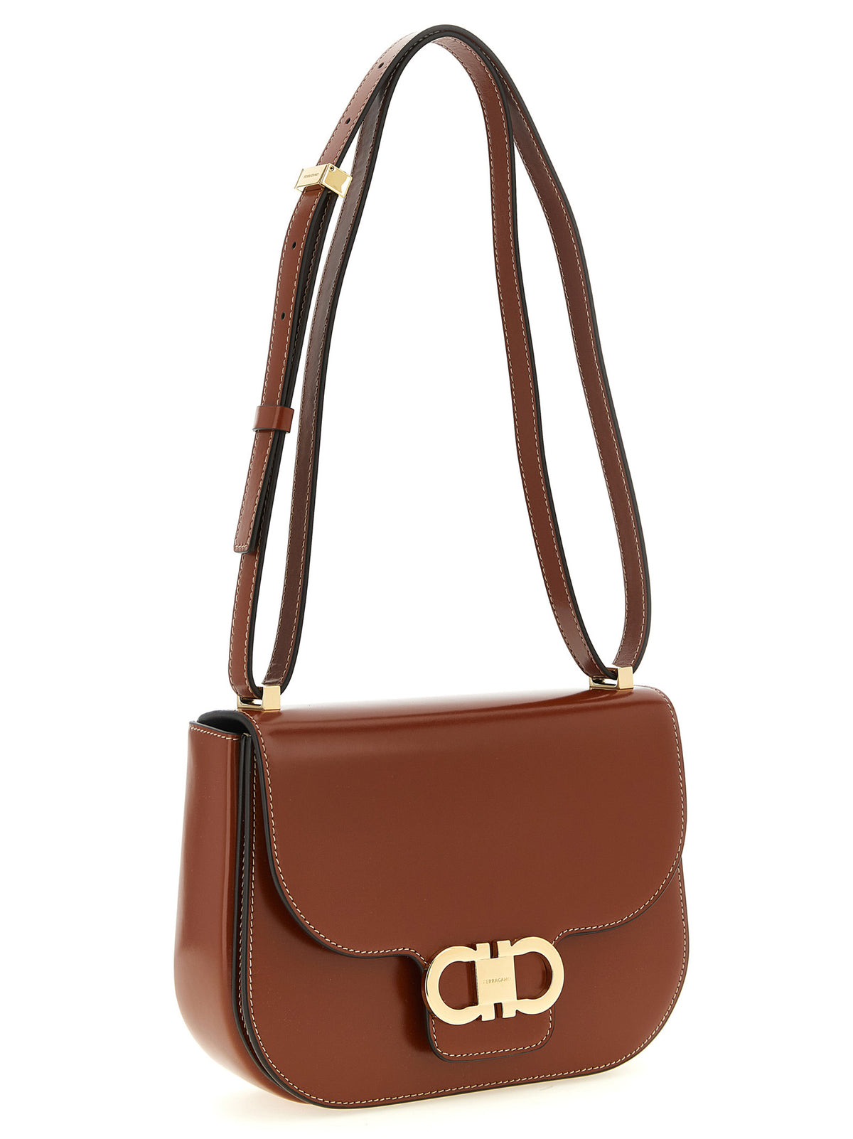 Ferragamo Double Gancini XS Dark Cognac Leather Crossbody Bag
