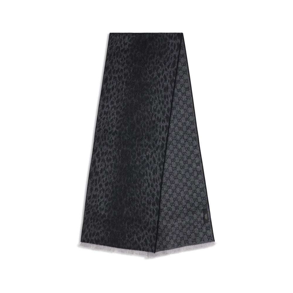 Gucci Reversible GG Wool Jacquard Scarf Black Grey Leopard