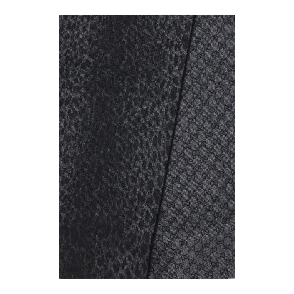 Gucci Reversible GG Wool Jacquard Scarf Black Grey Leopard