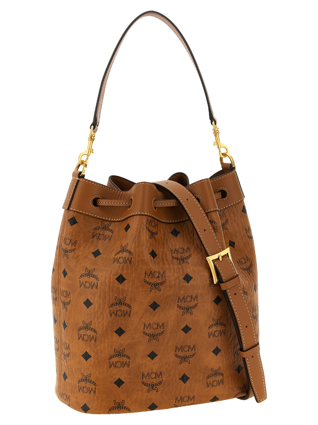 MCM Medium Dessau Drawstring Bag in Visetos Cognac