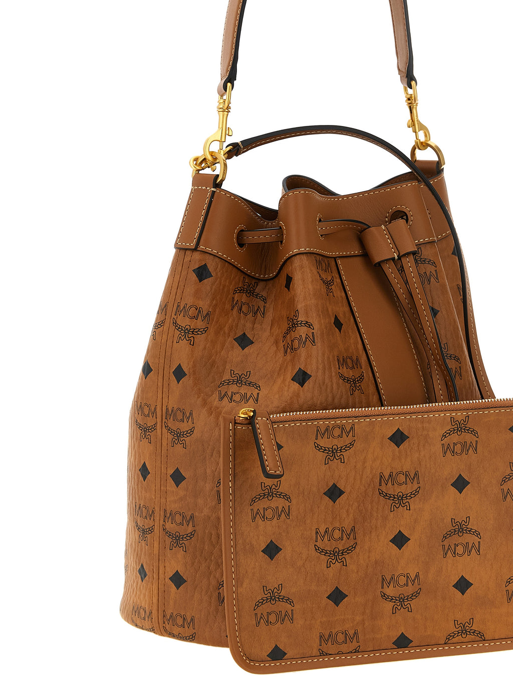 MCM Medium Dessau Drawstring Bag in Visetos Cognac