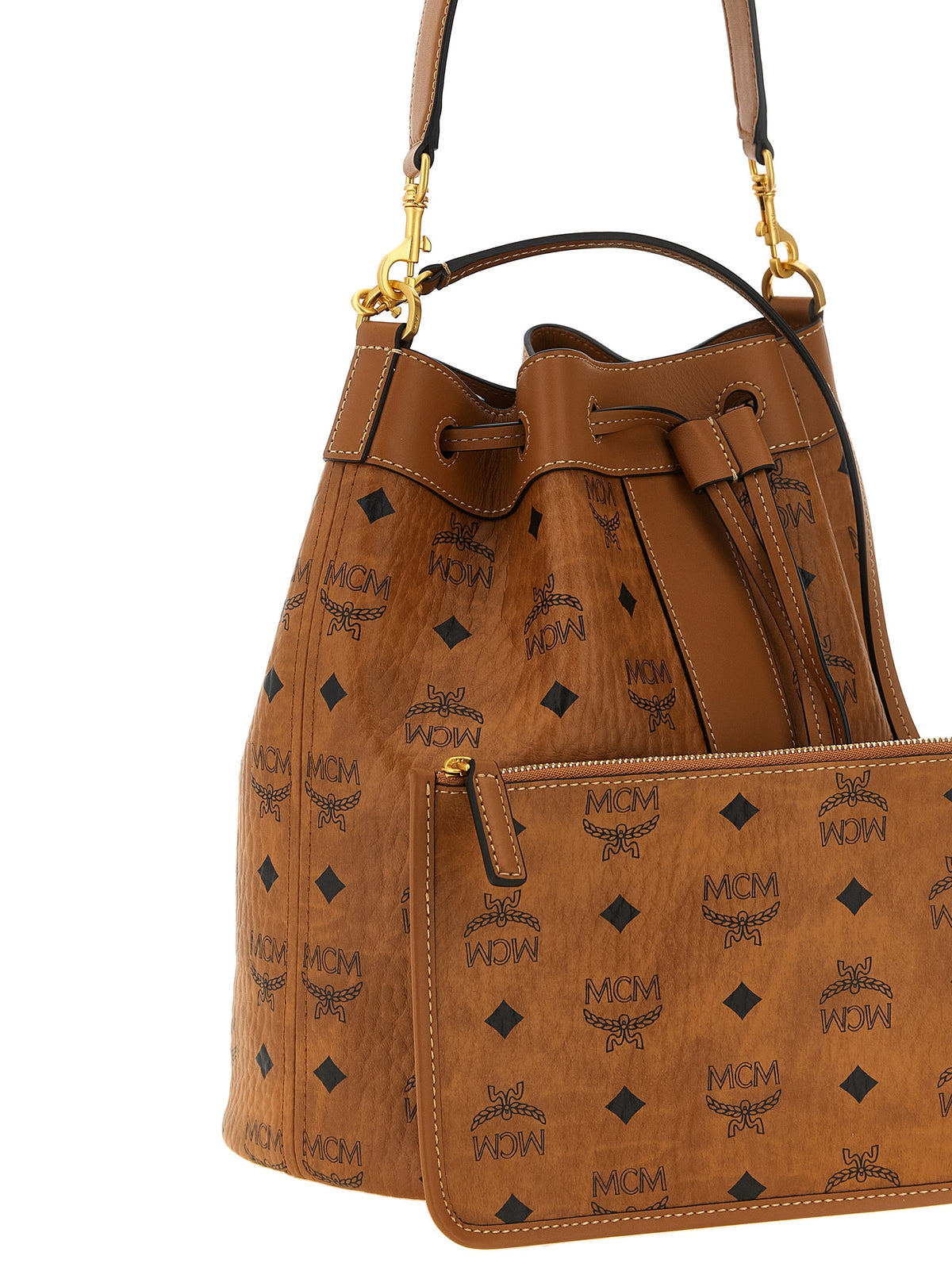 MCM Medium Dessau Drawstring Bag in Visetos Cognac