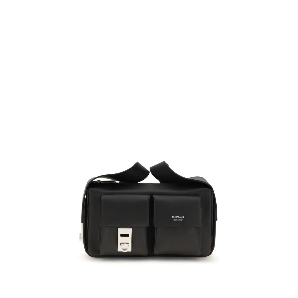 Ferragamo Utility Shoulder Bag with Hug Buckle Black