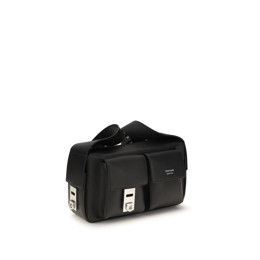 Ferragamo Utility Shoulder Bag with Hug Buckle Black