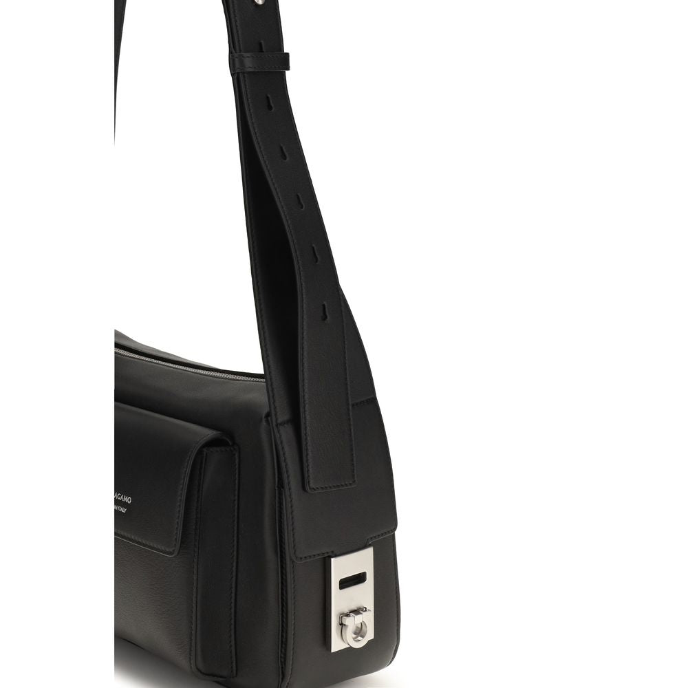 Ferragamo Utility Shoulder Bag with Hug Buckle Black