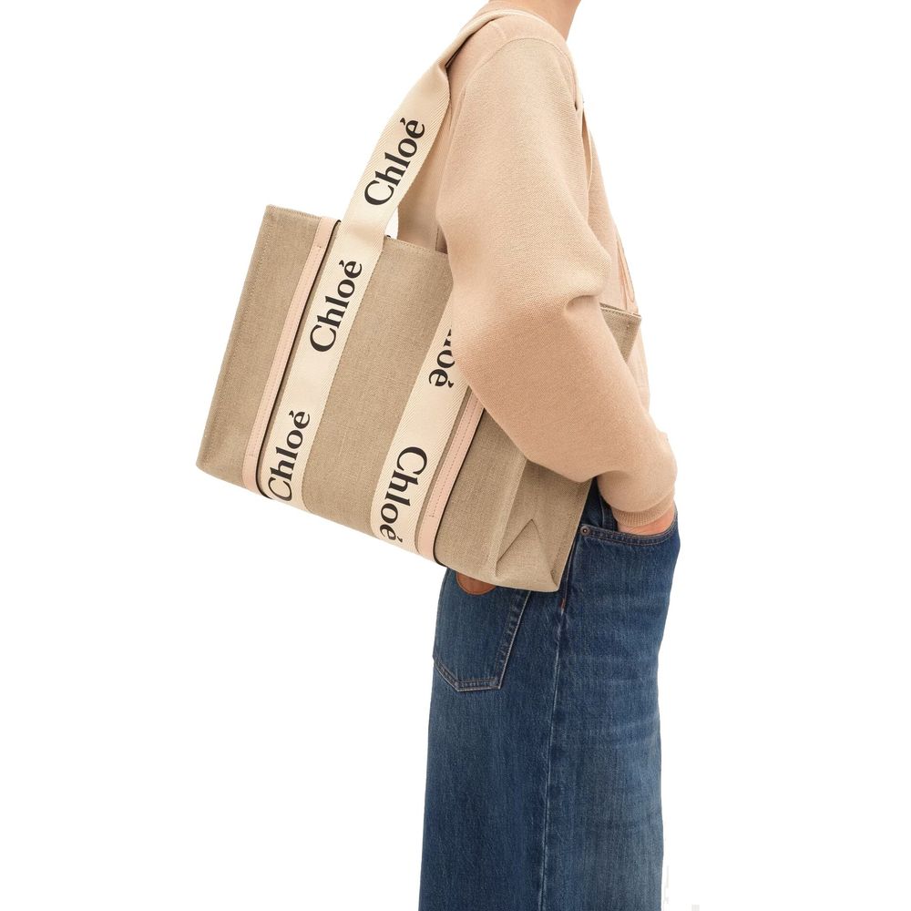 Chloé Medium Woody Linen Tote Bag Blushy Beige