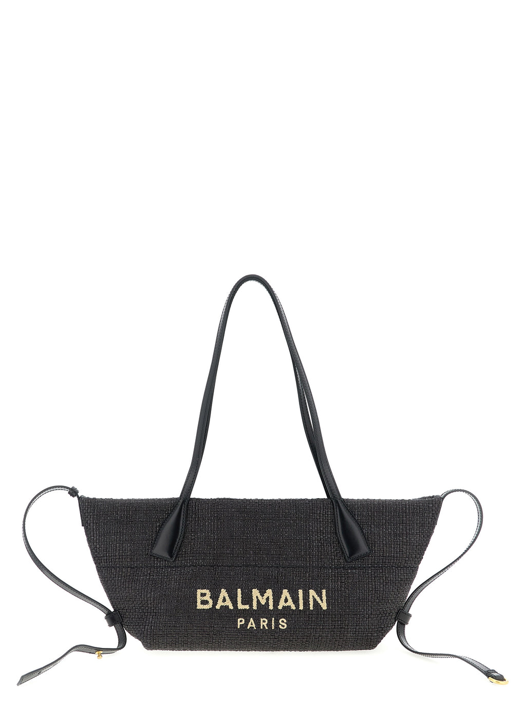 Balmain Track Small Raffia Tote Bag Black