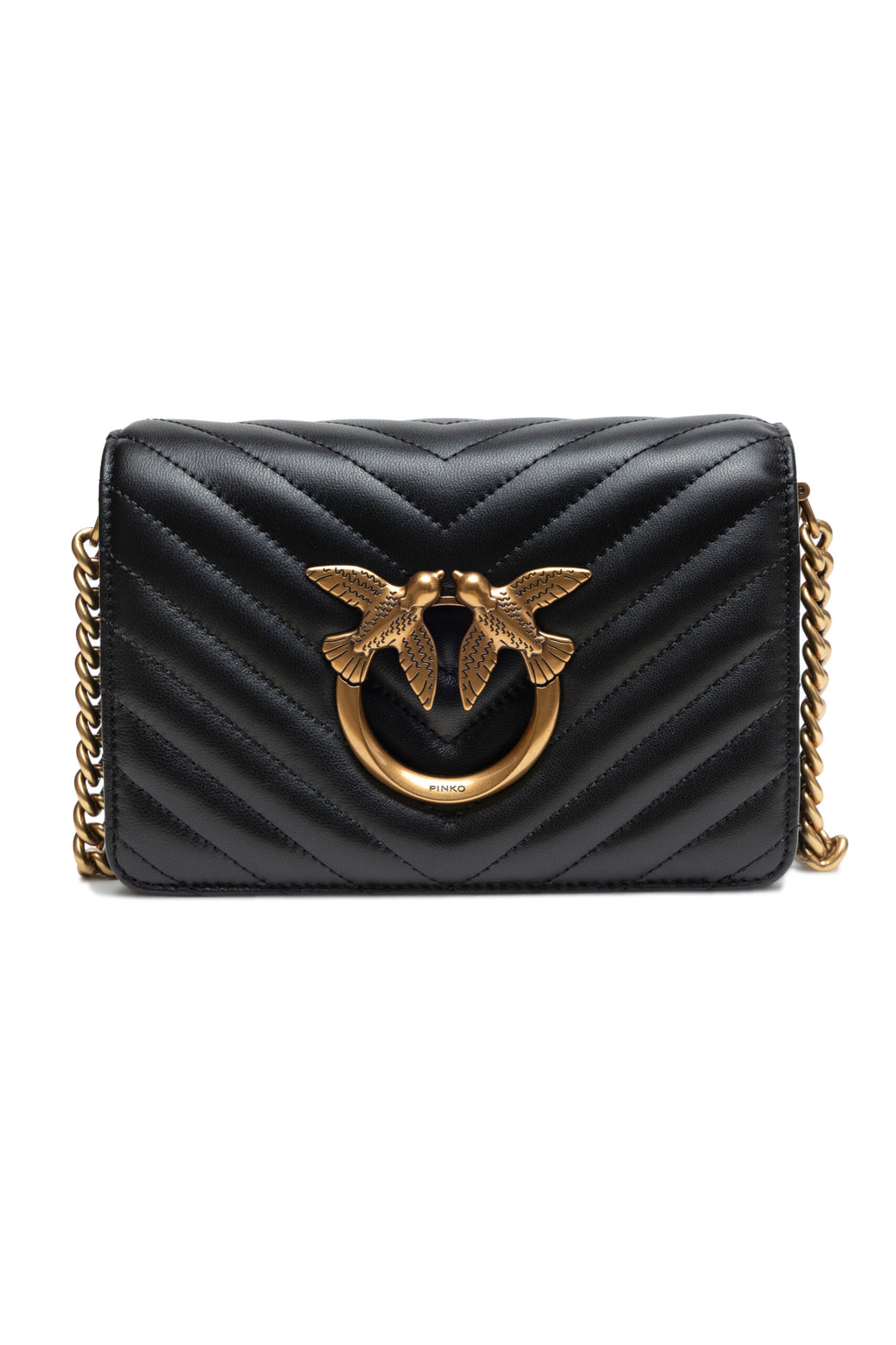Pinko Love Click Mini Chevron Shoulder Bag Black Quilted Leather