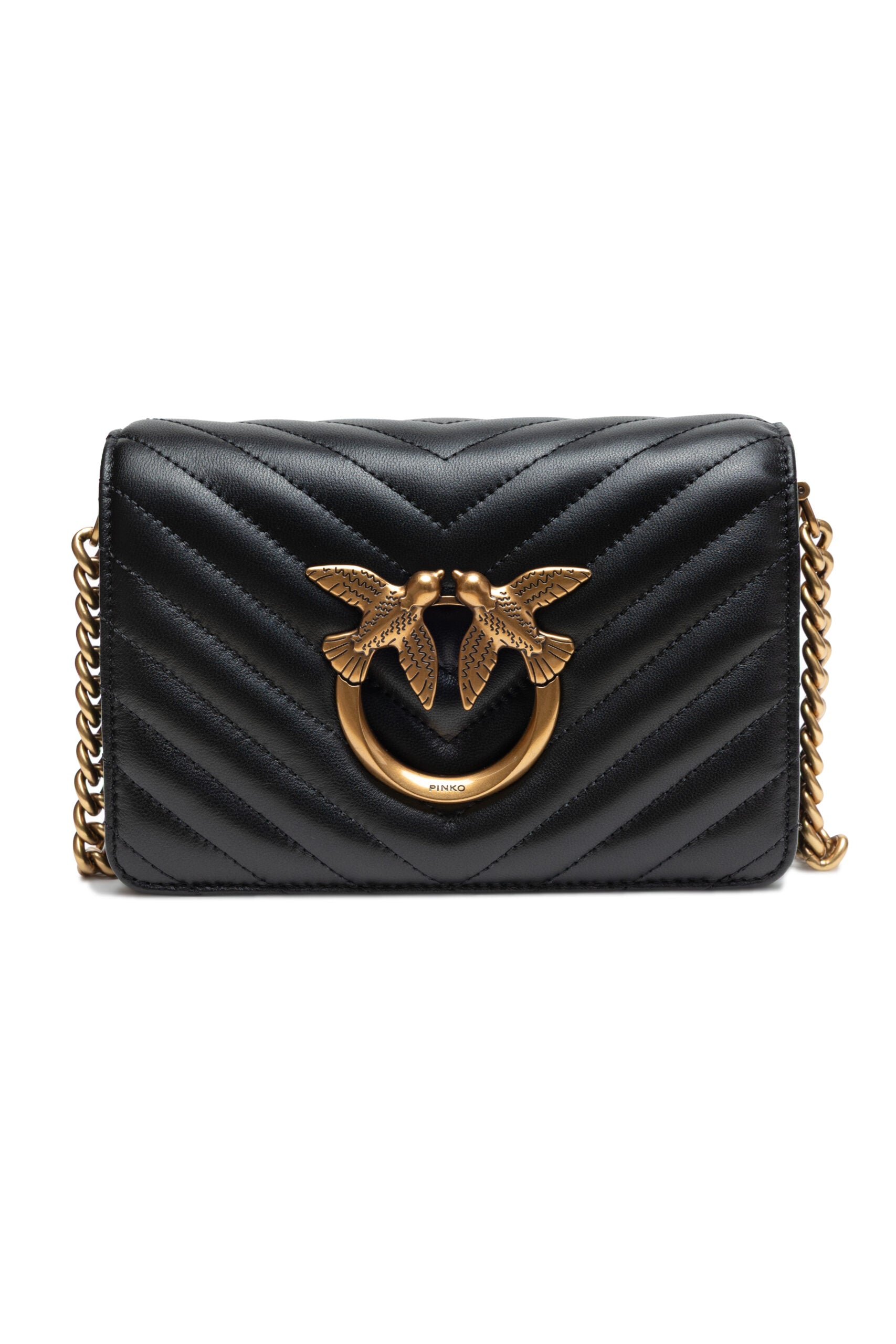 Pinko Love Click Mini Chevron Shoulder Bag Black Quilted Leather