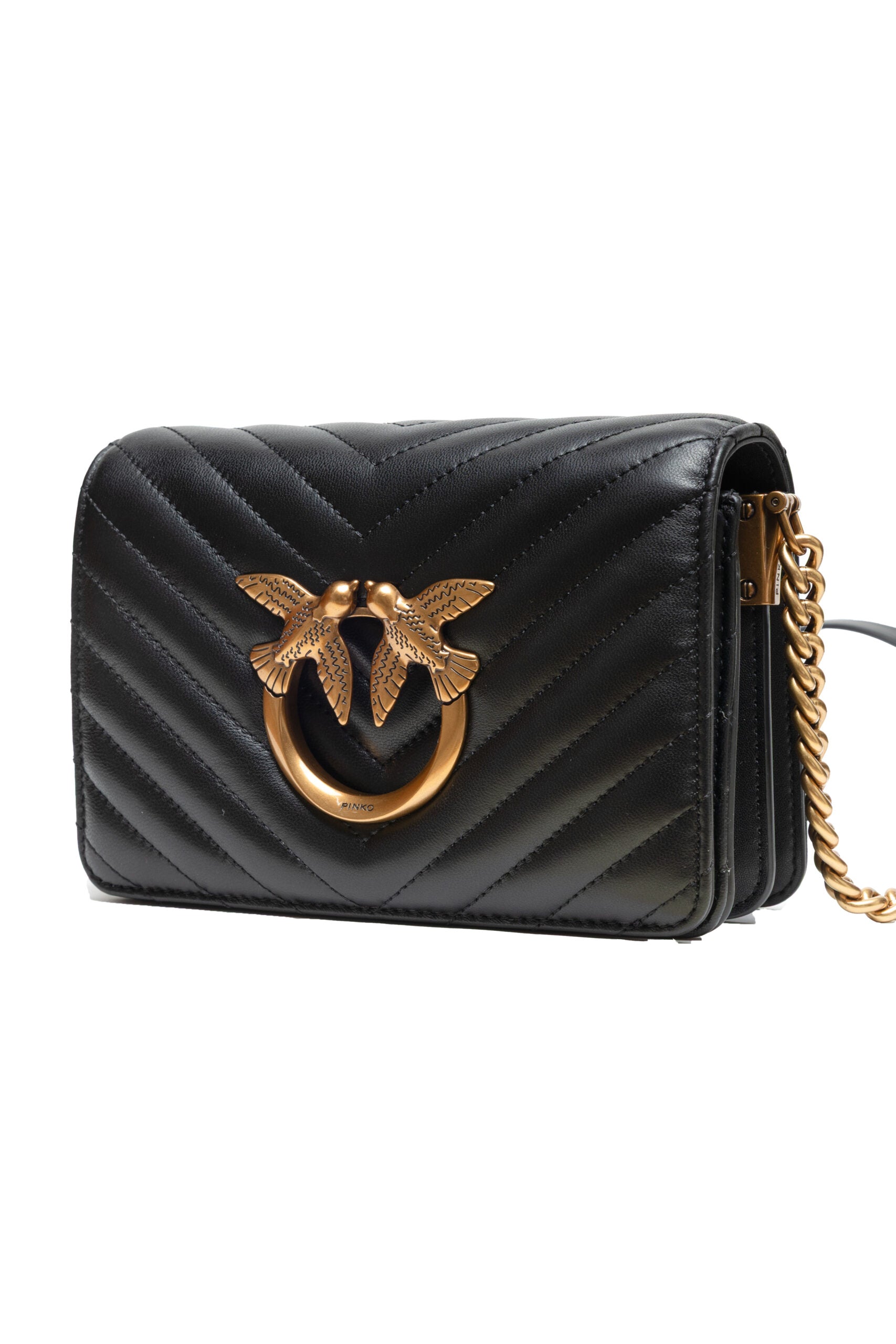 Pinko Love Click Mini Chevron Shoulder Bag Black Quilted Leather