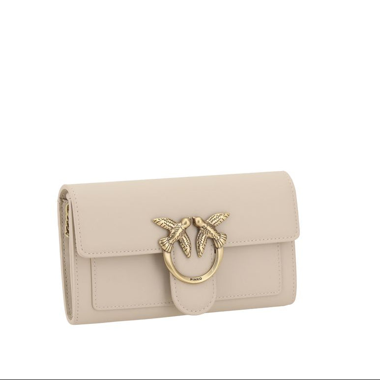 pinko love birds beige leather wallet on chain designer mini crossbody side