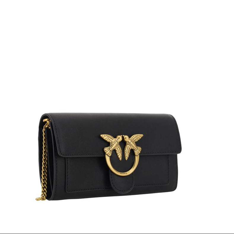 pinko love one wallet on chain black calf leather love birds buckle