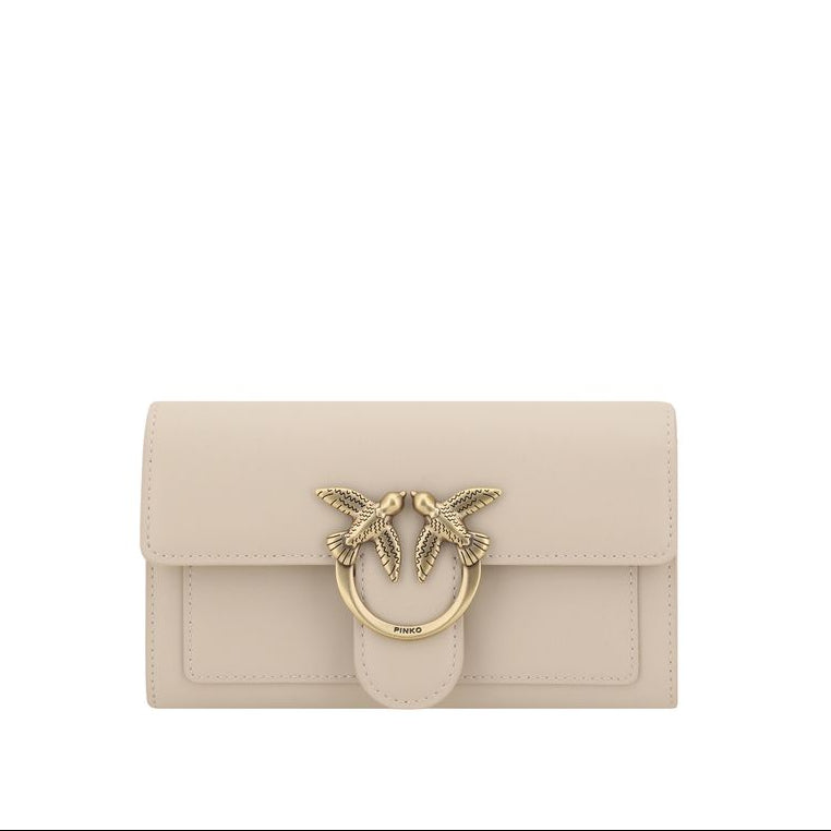 pinko love birds beige leather wallet on chain designer mini crossbody