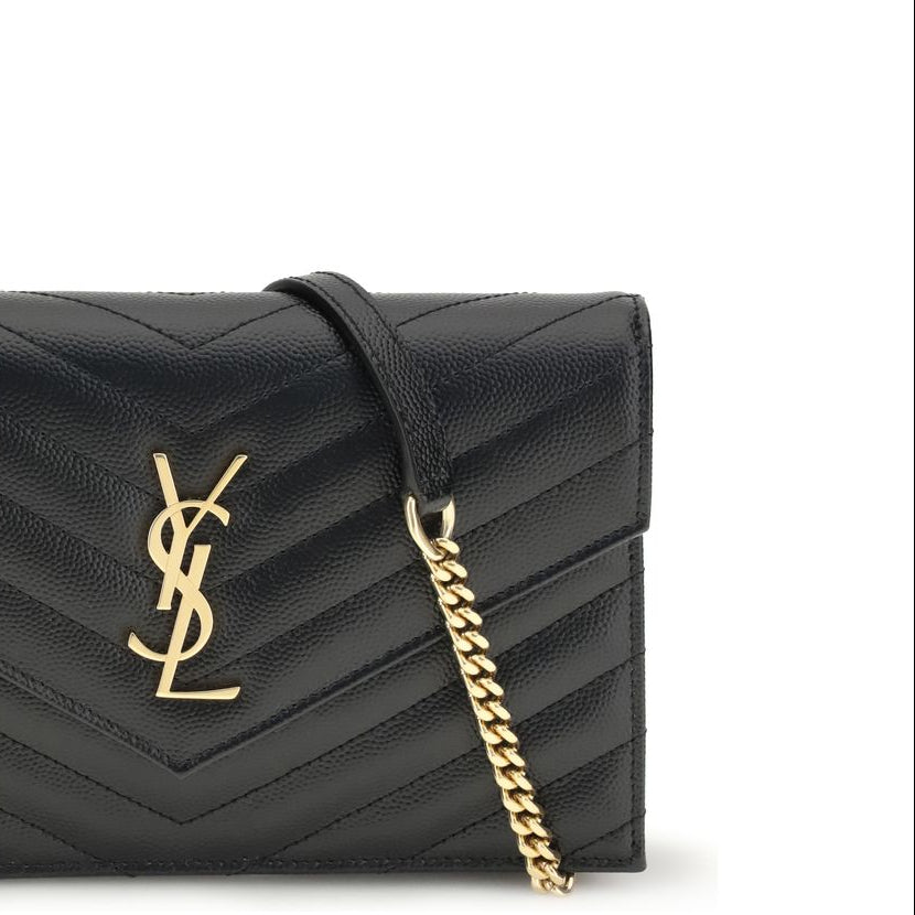 Saint Laurent Cassandre wallet on chain matelassé leather black details